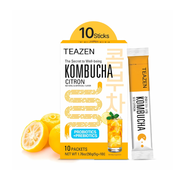 TEAZEN Citron Kombucha Tea, Hydration Drink Mix, Sugar Free, Live Probiotics & Prebiotics, 10 Sticks