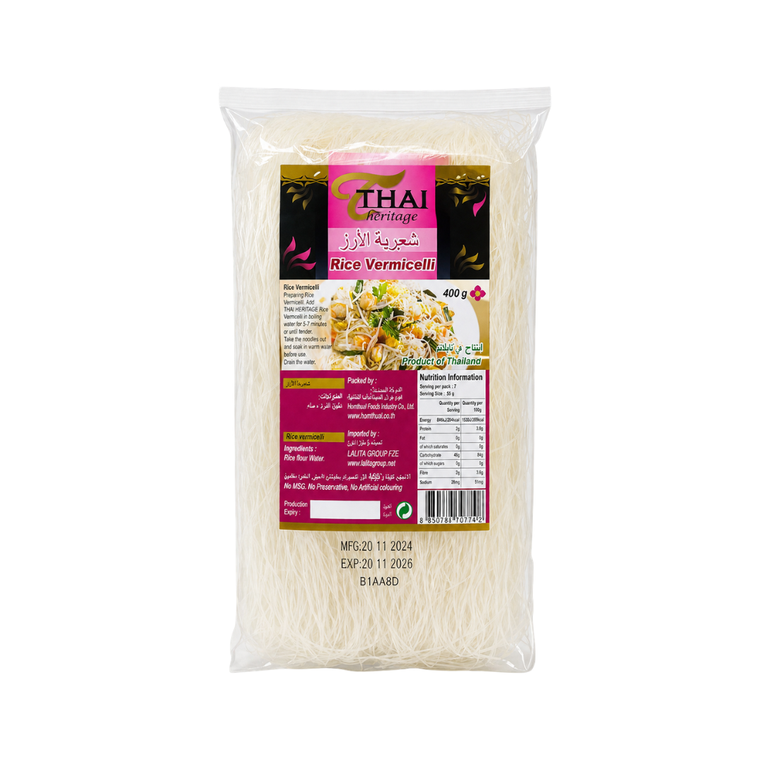 Untitled design (11) Thai Heritage Rice Vermicelli 400g Premium Thai Rice Noodles for Stir Fry, Soup, Salads and Spring Rolls