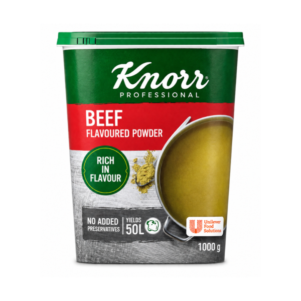 Knorr Professional Beef Flavoured Powder 1kg tub for rich beef flavour, ideal for soups, sauces, gravies, stews, rice, noodles, and professional kitchens.