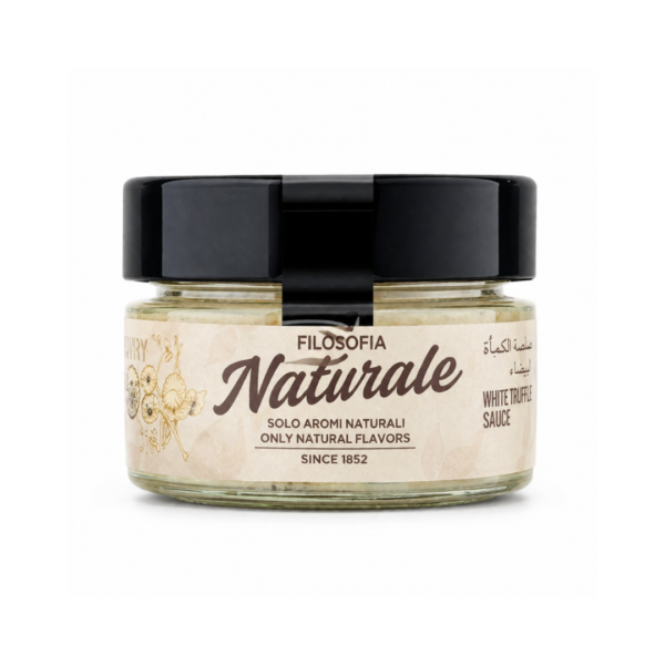Filosofia Naturale White Truffle Sauce gourmet Italian condiment in a glass jar with natural flavours, ideal for pasta, pizza, steaks, burgers, and gourmet recipes.
